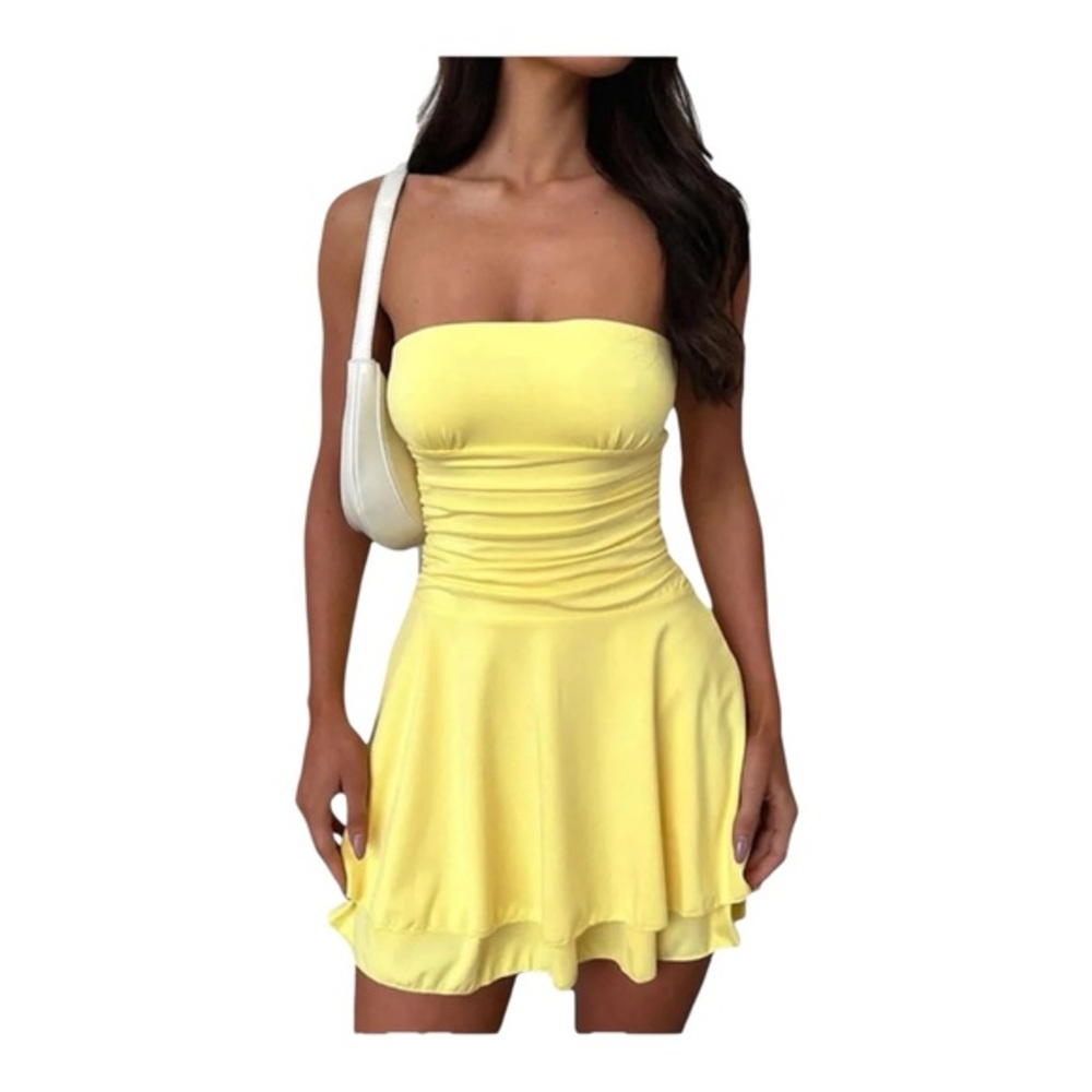 Y2K strapless fit and flare mini dress in yellow size Small